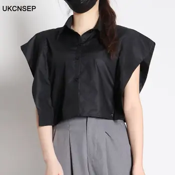 

Casual Women Blouses Short Turn-down Collar Butterfly Sleeve Losse Elegant Shirt for Female 2020 Summer