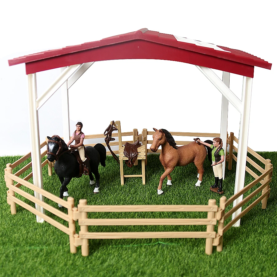 Simulation Animals Farm Stable Horse Stall Riders with Horses and Wash Area Model Action Figures Educational Playset for Kids