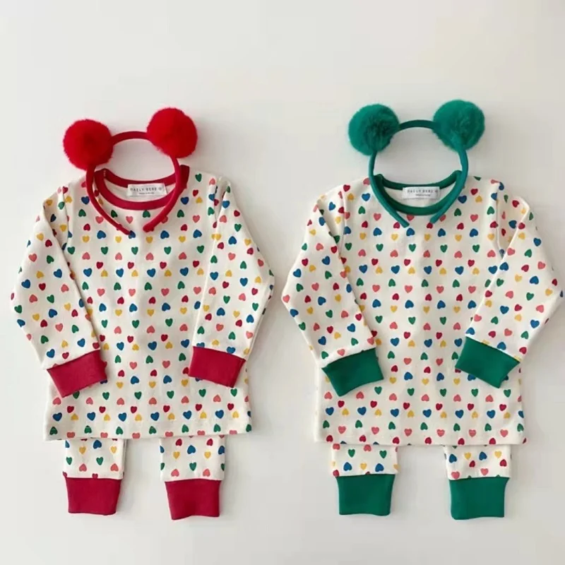 

Children's thermal underwear two-piece set 2022 new baby new year love printing set lovely simple Sweater Set + hair hoop