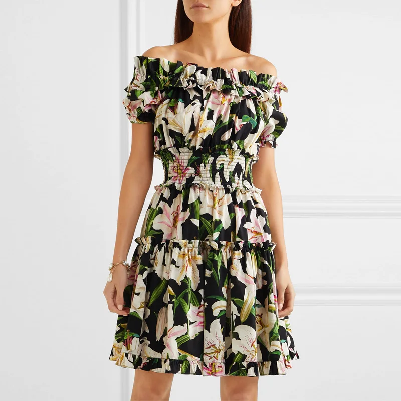 Runway Summer Party Floral Dress Women Sexy Off Shoulder Short Sleeve Lily Holiday Elastic Waist Ruffles Plus Size | Женская одежда