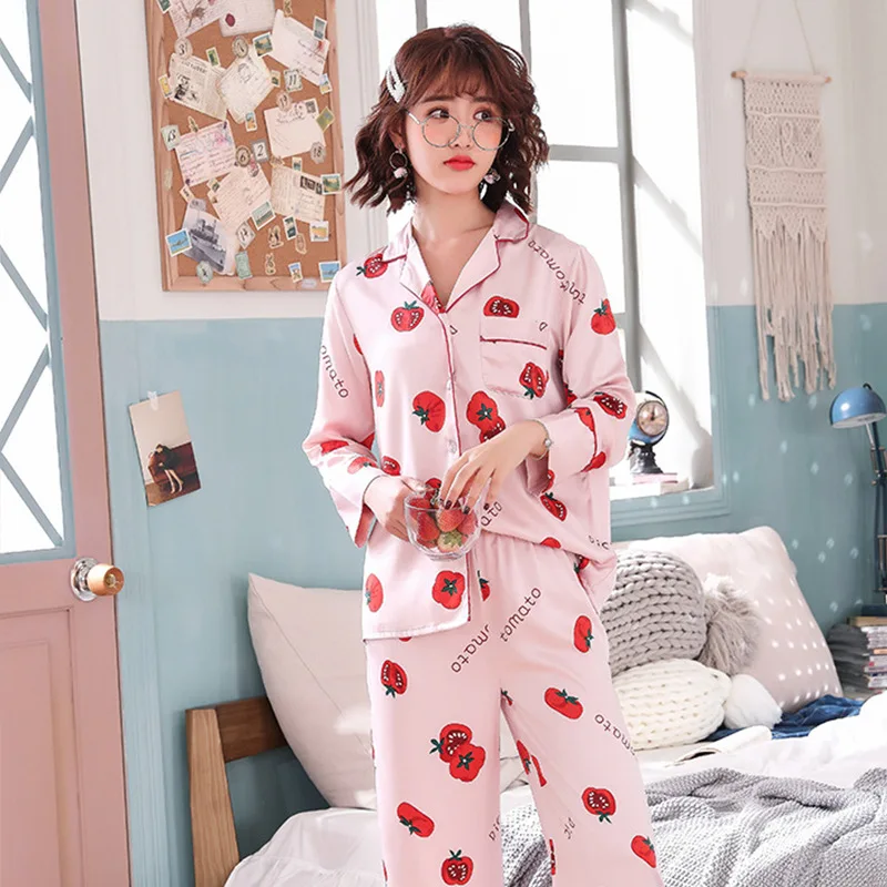 Smmoloa Women Comfortable Silk Pajama Set Girl Pyjama Long Sleeve Sleepwear