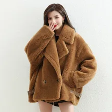 

Winter Simple Teddy Bear Coat Women Loose Thick Warm Teddy Grain Wool Fur Solid High Quality Camel Double-faced Fur Jacket