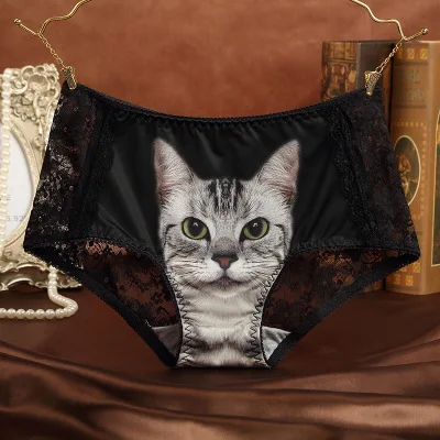 Женское нижнее белье с котом, сексуальное нижнее белье из хлопка, Мультяшные трусики с котом для женщин, одноцветные бесшовные трусы, нижнее белье - Цвет: Black lace