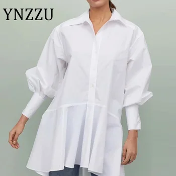 

YNZZU Casual Ruffles White Blouse Dress Women 2020 New Lantern Sleeve Cotton Turn Down Collar Loose Short Dresses Female AD436