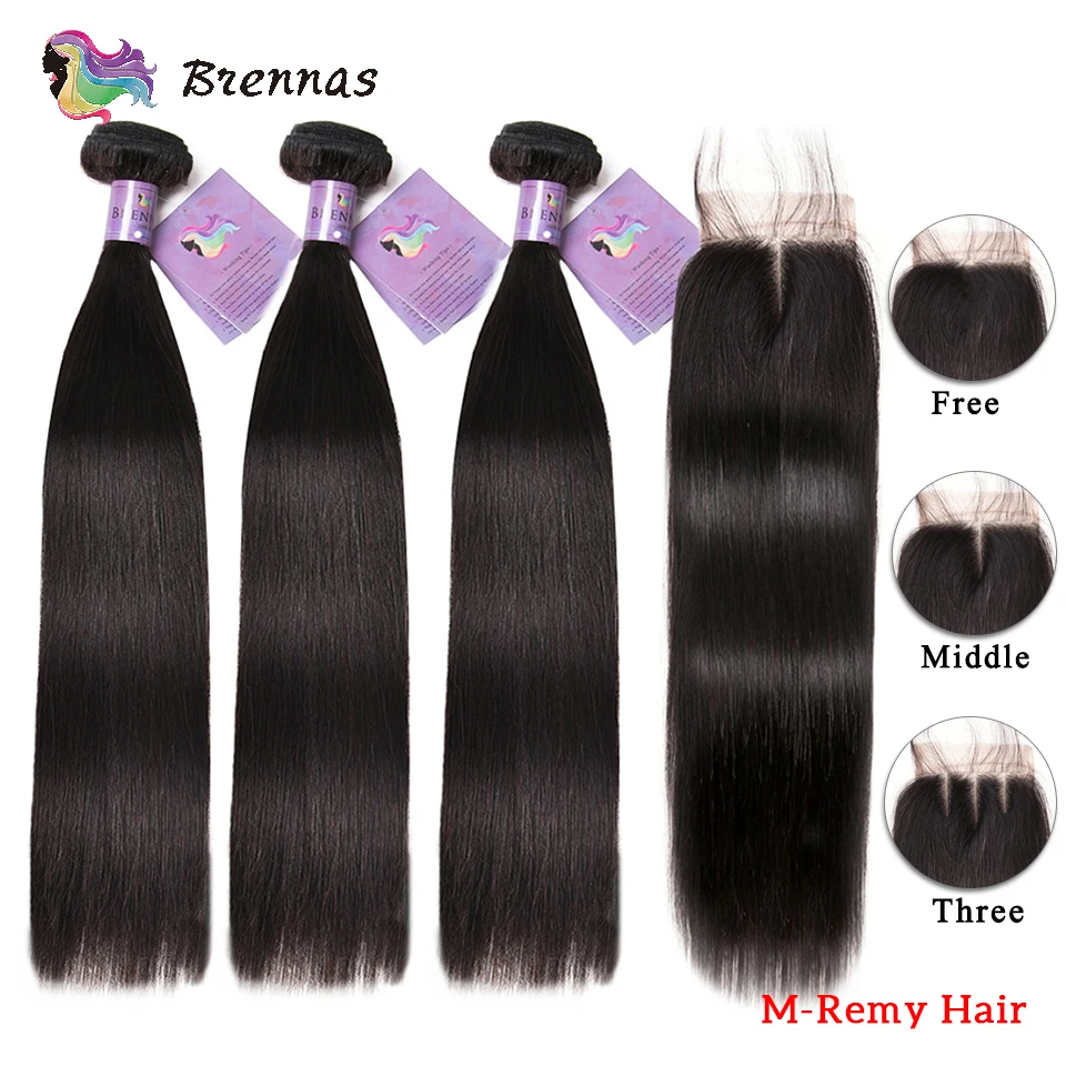 Brennas прямые человеческие волосы пряди с закрытием бразильские волосы Remy плетение 4x4 закрытие шнурка средний коэффициент натуральный цвет 8 ''-26''