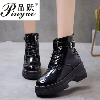 

New Fashion European Style Black Ankle Boots Flats Round Toe Black Lace-up Boots Woman Platform Patent Leather Shoes