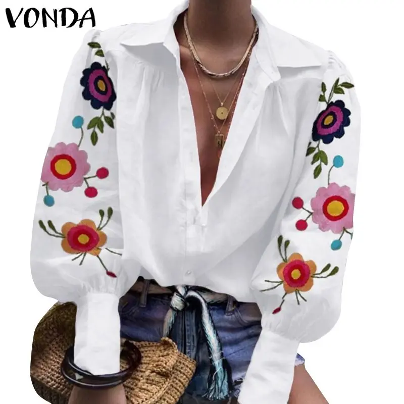 VONDA/осенние Рубашки с длинным рукавом-фонариком, блузы и топы, женские винтажные рубашки с отложным воротником со стойкой размера плюс S-5XL, сорочка