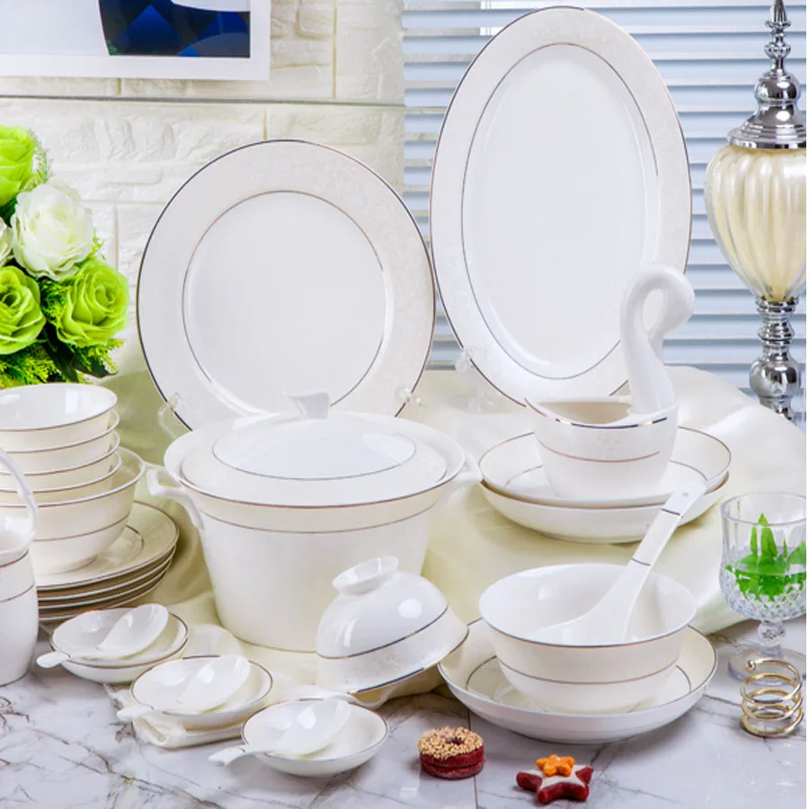 

60 Heads Dinnerware Sets Jingdezhen Ceramic chinese dishes tablewar dish set Rice Bowl Soup Bowl Salad Noodles Bowl Plate Dish