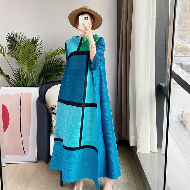 DEAT Women Maxi Pleated Dress Over Size Hit Color Stand Collar Seven Sleeve Loose Waist Casual Style 2021 New Autumn 15XF771 3