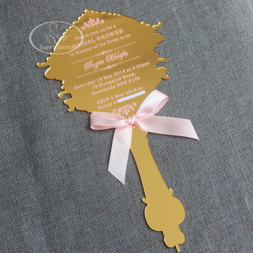HI4053-16 Customized Gold Mirror Wedding Invitation Card with Pink Printing