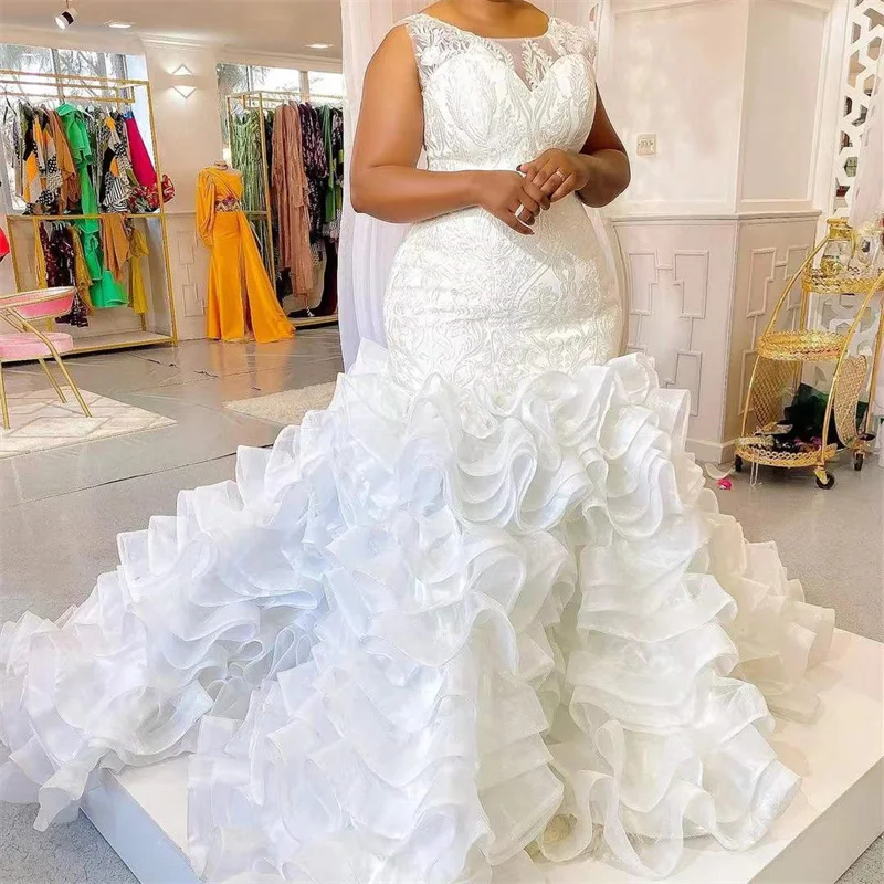 Arabic Style Mermaid Wedding Dresses O-Neck Appliques Sleeveless Lace Long Bridal Party Evening Gowns Robe De Soirée De Mariage