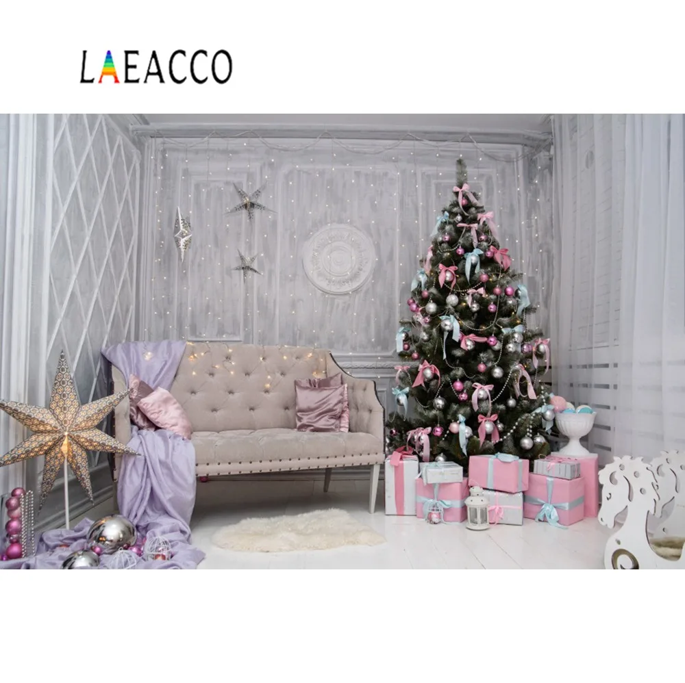 Laeacco фон для фотосъемки Рождественская елка лампа Декор диван занавес подарок
