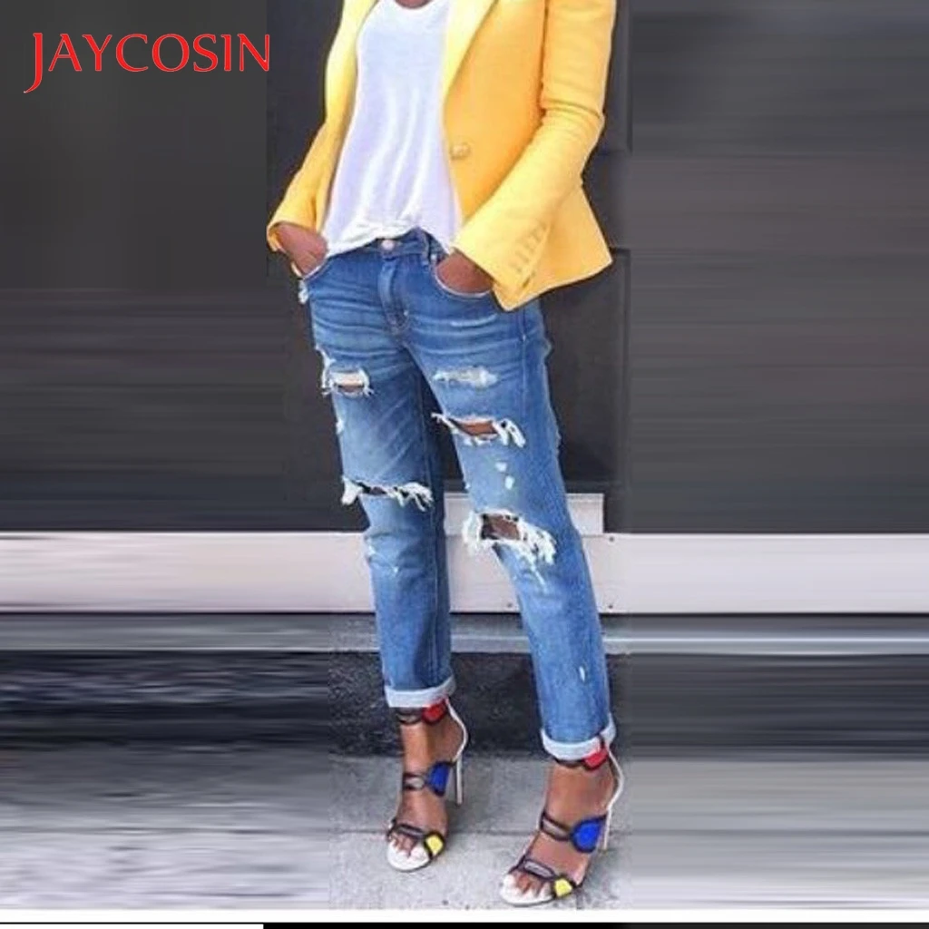 JAYCOSIN женские крутые дизайнерские брендовые черные джинсы обтягивающие рваные потертые стрейчевый Облегающий Брюки в стиле хоп с дырками для женщин 731#2