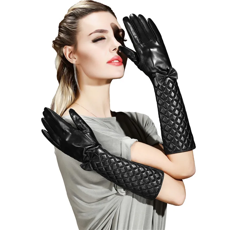 

Fashion Black 40cm Long Lambskin Genuine Leather Black Gloves Women Embroiedery Butterfly Winter Sheepskin Screen touch Glove