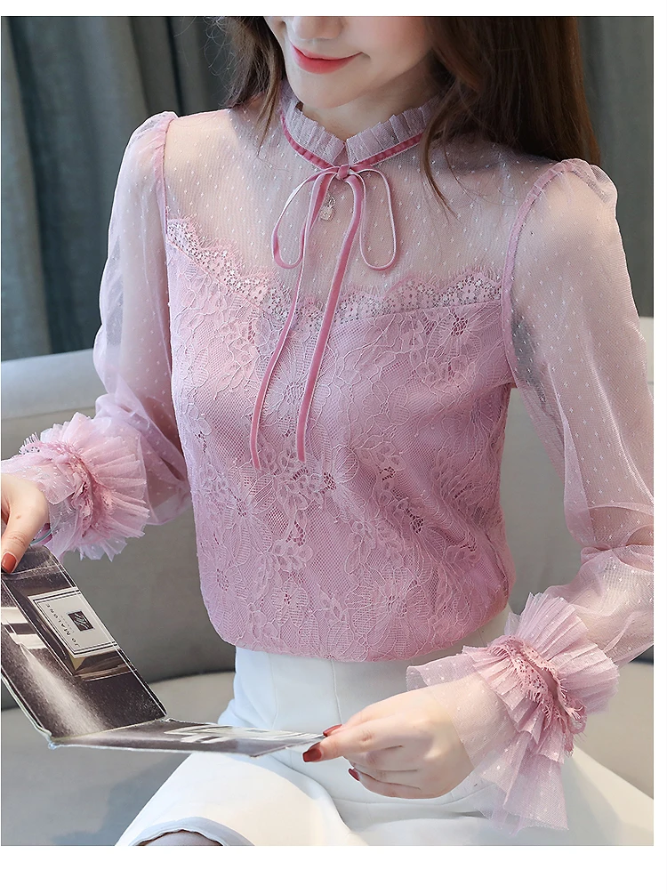 Женская блузка рубашка модная повседневная с длинным рукавом сетчатые Топы элегантная тонкая перспективная шифоновая рубашка Плюс Размер Женская одежда
