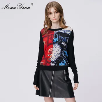 

MoaaYina Fashion Spring Autumn Long sleeve Black Knitting Tops Women's Elegant Stripe Print Silk Wool Sweater Pullovers
