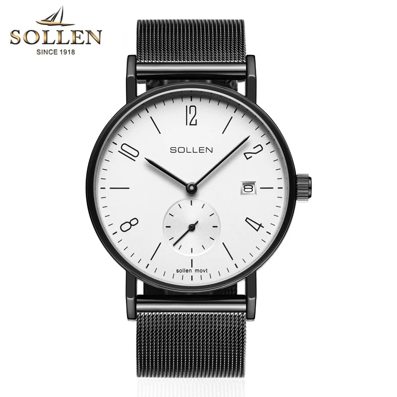 8 мм толщина часы мужские SOLLEN минимализм кварцевые часы мужские Дата наручные часы мужские водонепроницаемые мужские часы дропшиппинг SL9045 - Цвет: Black White