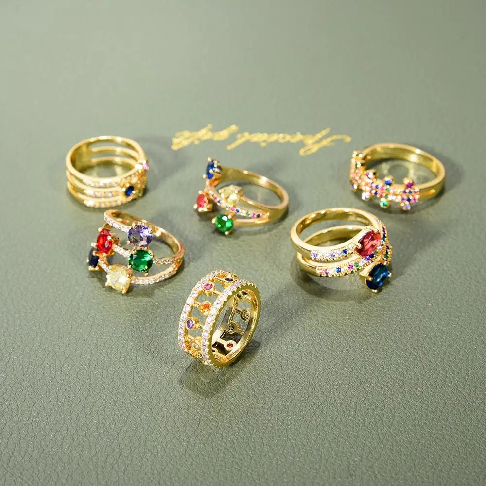 Женская медная CZ Золотая Корона, радужные кольца, геометрические Свадебные обручальные кольца, женские вечерние кольца, подарок, очаровательные стразы, ювелирные изделия ins