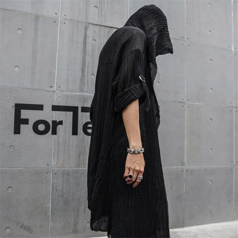 Spring summer men black thin cotton & linen punk hip hop long trench coat hooded cloak nightclub men gothic style vintage jacket