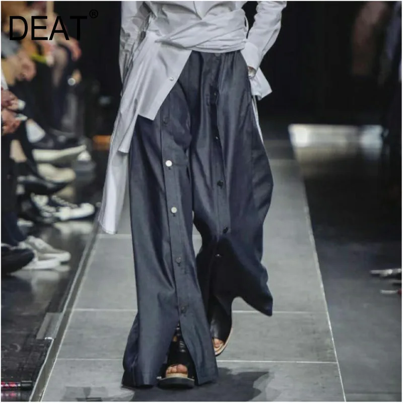 

DEAT Solid Color High Waist Split Buckle Button Buckle Loose Woman Wide Leg Trousers Casual Simple Fashion 2019 Autumn New TV622