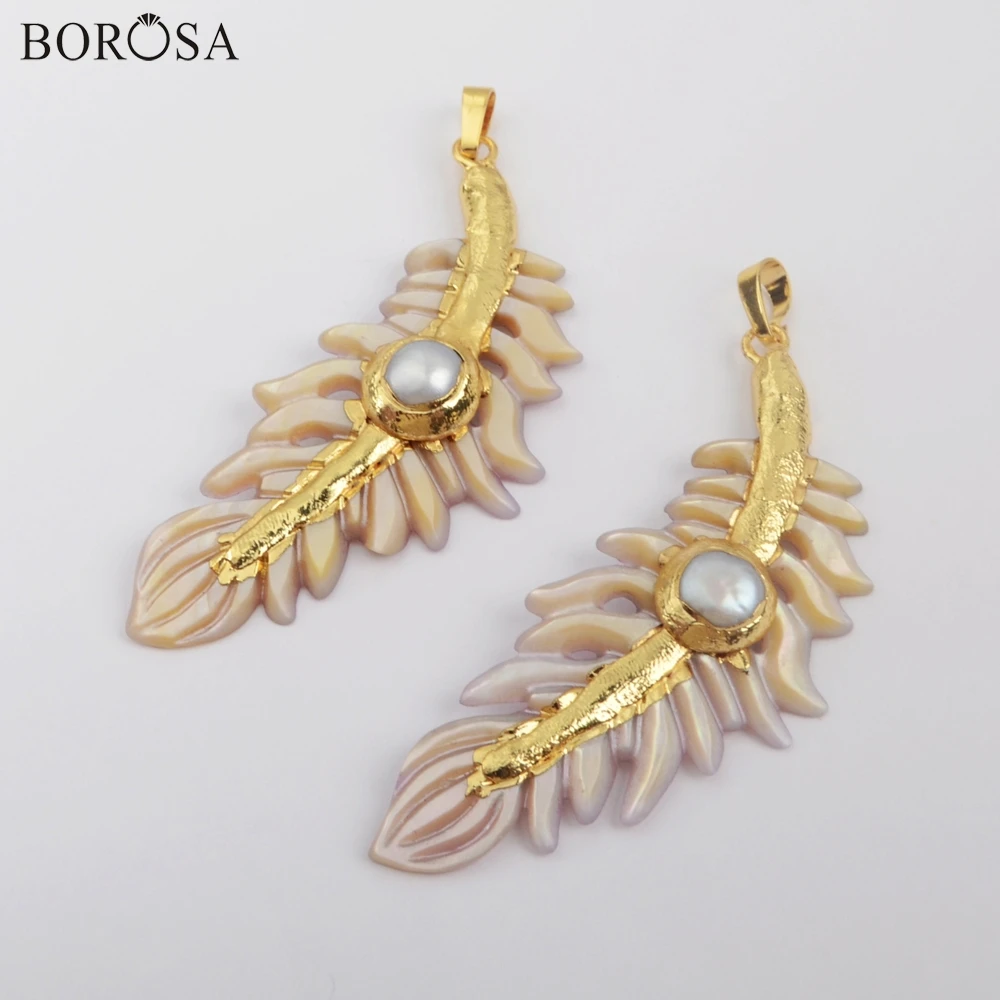 BOROSA 5 шт. позолоченный ручной вырезанный лист белый корпус желтый корпус кулон с круглая жемчужная бусина для ожерелья ювелирные изделия G1900