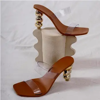 

2020 Newest PVC Clear Women Slippers Ball High Heels Beach Slides Open Toe One Belt Ladies Shoes Runway Brown Shoes Woman