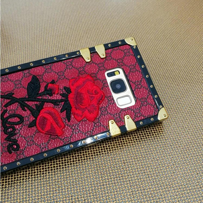 For Samsung Galaxy S10 S9 S8 Plus Note 9 A50 A70 Square Back Cover 3D Embroidery Rose Flower Phone Case Luxury Metal Rivet Frame