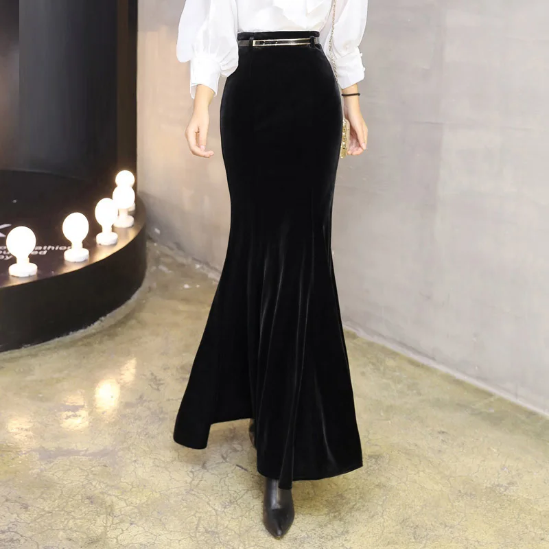 Размера плюс 5XL! Осенняя винтажная бархатная черная длинная юбка-Русалка Модные женские элегантные велюровые юбки с ремнем