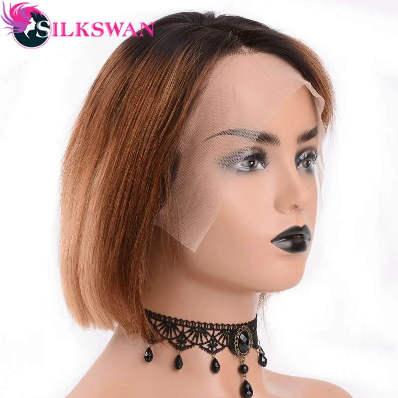 Silkswan, 13x4, Короткие парики, бразильские человеческие волосы remy, на заказ, парик на кружеве#1b/30 для черных женщин