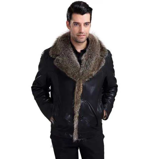 Мужские зимние Роскошные теплые кожаные куртки с натуральным меховым воротником черные мотоциклетные и байкерские модные пальто - Цвет: Черный