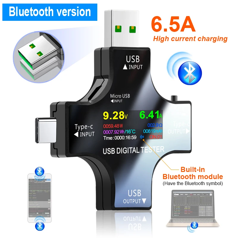 Probador de Color TFT USB Bluetooth tipo-c PD, voltímetro Digital, medidor de corriente de voltaje, amperímetro, detector, cargador tipo batería externa, indicador