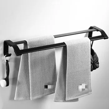 

Space Aluminum Towel Holder Fixed / Punch Free Dual Use Wall Mounted Double Rod Bathroom Towel Rack With Hook Storage Shelf