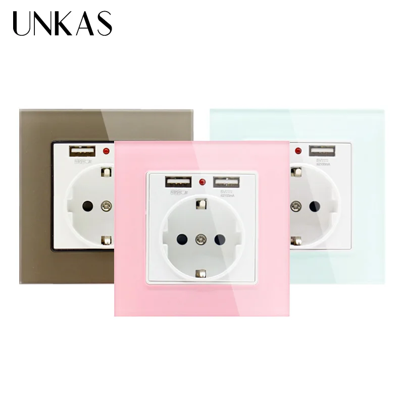 UNKAS, зеленая, розовая, цветная стеклянная панель с кристаллами, двойной usb порт для зарядки, 2.1A, 16A, Россия, Испания, настенная розетка, европейская розетка