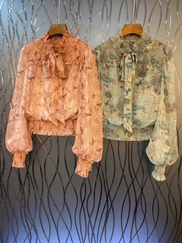 

2020 Spring and Summer New Women's Pleated Neckline Lace-up Knotted Printed Lantern Bubble Long-Sleeved Shirt 715