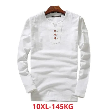 

5XL 6XL 7XL Autumn Men Linen Tshirt Long Sleeve V-Neck Cotton Large Size 8XL 10XL Blue China Style Vintage Japan Style T-Shirt