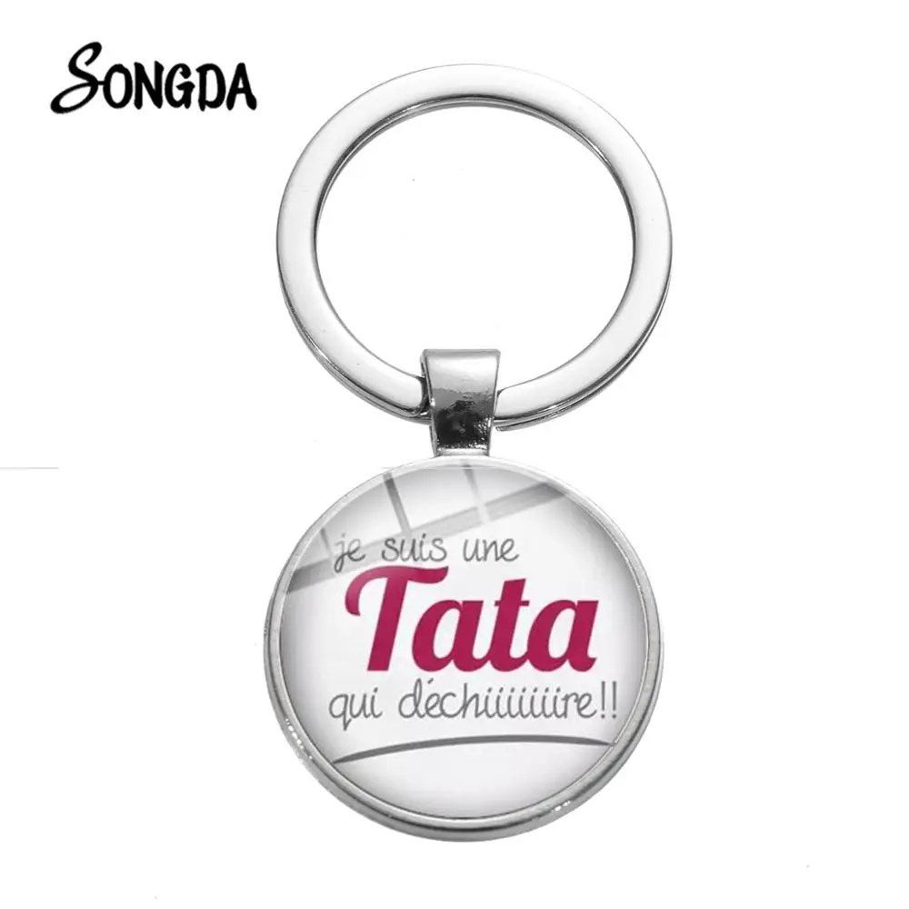 

SONGDA Tata Marraine Qui Dechire Key Chain French Letter Art Design Glass Dome Keyring High Quality Trendy Maitresse Super Gift