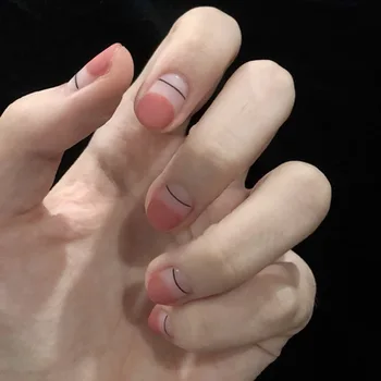 

2019 fake nails press on Cute Clear Design Nail Tips Short Kids Pink False Nails Black Stripe Décor Fake Nails with Glue TN