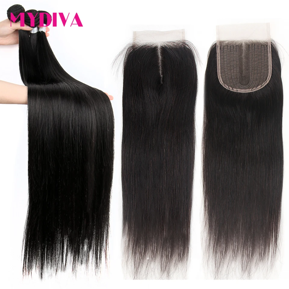 Mydiva-mechones rectos con cierre extensiones de cabello humano mechones de cabello humano peruano con cierre, 3 mechones, extensión de cabello humano Remy de 30 pulgadas
