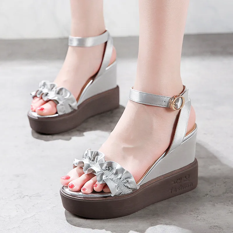 

Summer 2019 Fashion Platform Sandals Gold Silver Pink Peep Toe Mirror Pu Block High Heels Party Shoes Plus Size 35-43