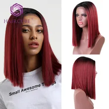 Haircube короткие прямые волосы Омбре красный боб парик синтетические кружевные Передние Вечерние парики для белых/черных женщин