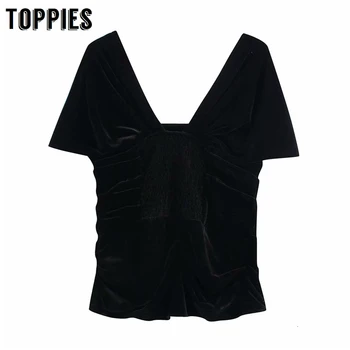 

Balck Velvet Tops And Blouses Women Square Collar Gothic Shirts Vintage Short Sleeve Slim Pleated Tops