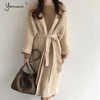 

Yanueun Autumn Winter Women's Long Cardigans With Belt Knitted Warm Korean Style Elegant Casual Long Outerwear Ladies Sweater