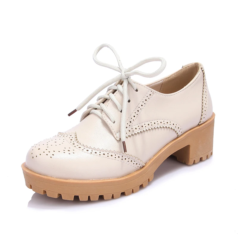 

BLXQPYT Sale Plus size 34-43 Women lace up Round Toe Thick heels Patent Leather Platform Spring Autumn fashion shoes Woman 665