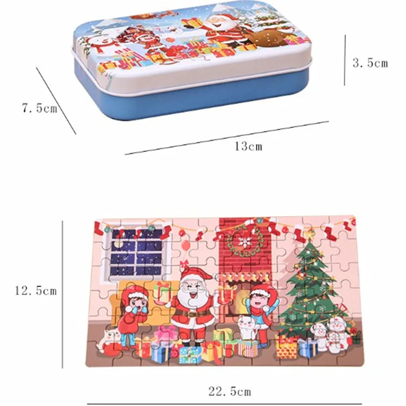 60 шт. DIY деревянные головоломки Счастливого Рождества Санта-Клаус игрушки Детский подарок железная коробка Обучающие пазлы для рождественской вечеринки украшения