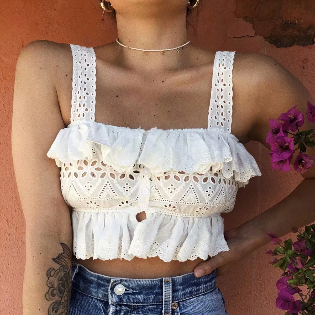 Boho вышитый кружевной топ без рукавов летняя рубашка Женская сорочка сексуальный тонкий кроп Топ майки-ками женские ремни пляжные Blusas