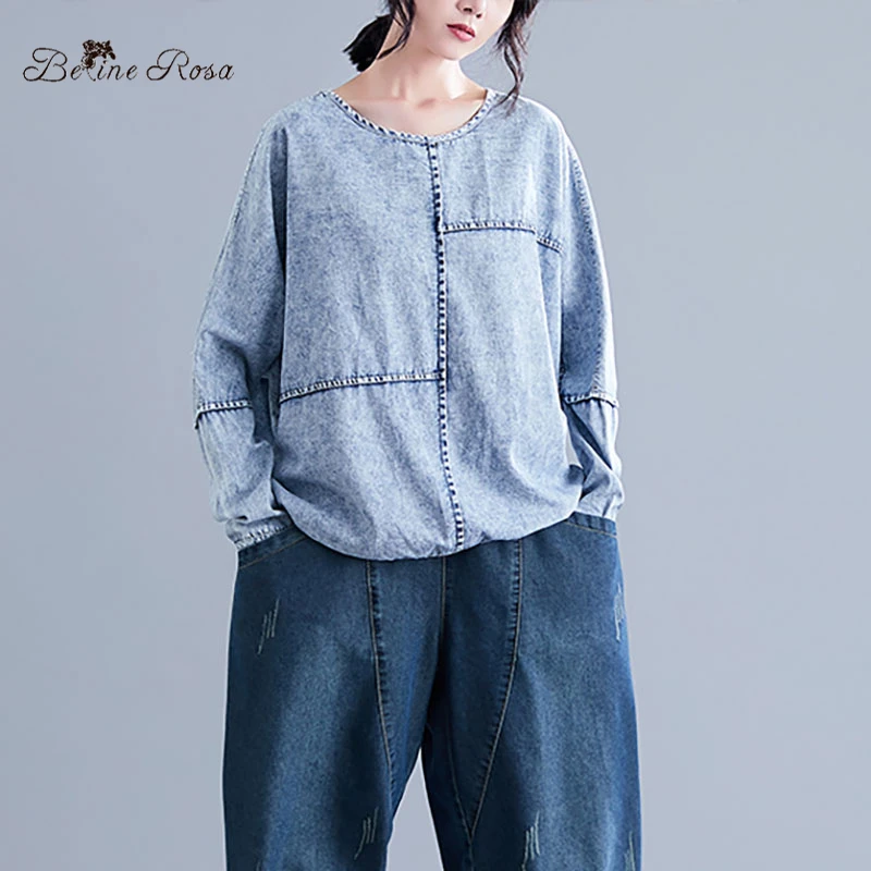 

BelineRosa Denim Tops for Women Batwing Sleeve Loose Oversized Style Ladies Casual Autumn Tops in Big Sizes HL000033