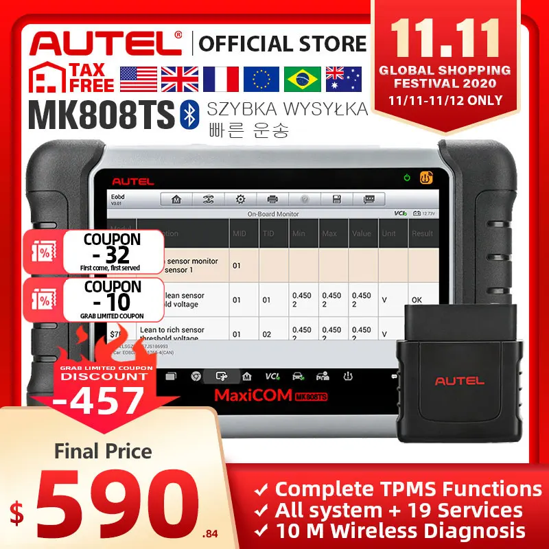£536.99 Autel Maxicom Mk808ts Obd2 Bluetooth Scanner Car Diagnostic Scan Tool