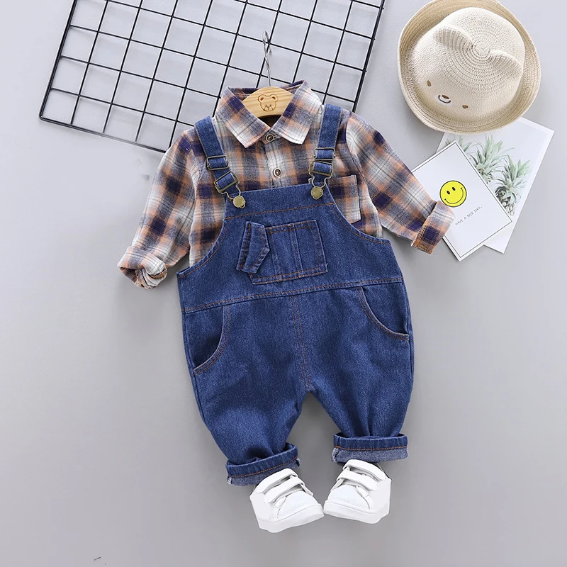

IENENS Children Clothes Spring Fall Boy Clothing Set Long Sleeve Plaid Shirt + Jeans Overalls Suit Kids Toddler Casual Outfit