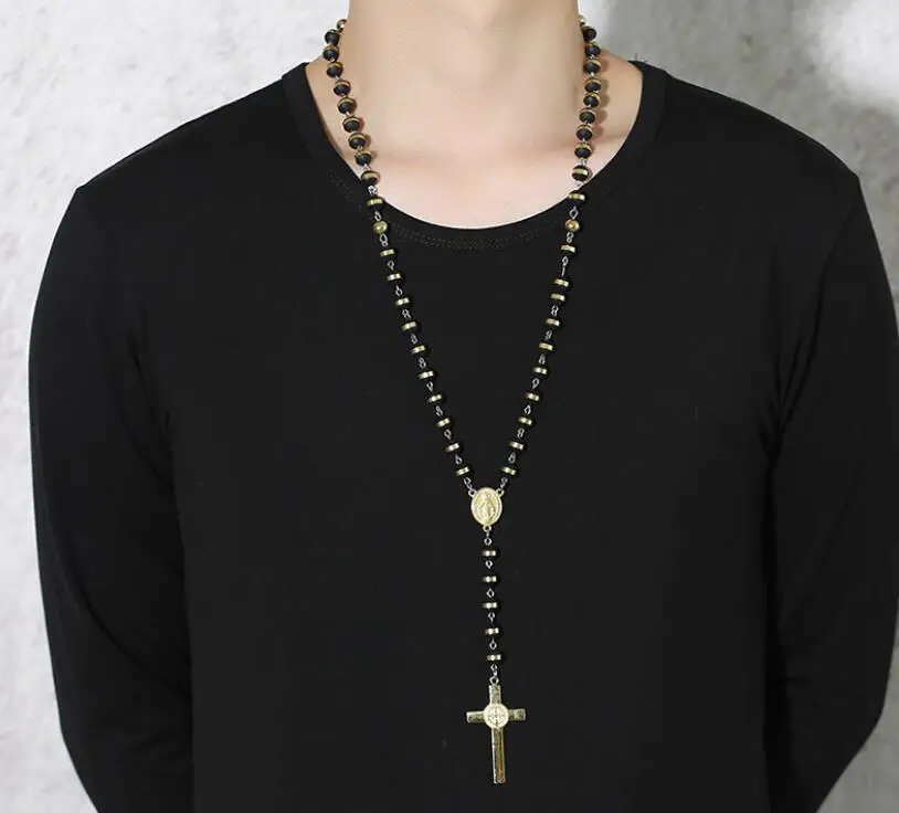 30" 8MM Stainless Steel Rosary Beads Necklace Black and Gold Color with Holy Jesus Christ Crucifix Cross Pendant 2