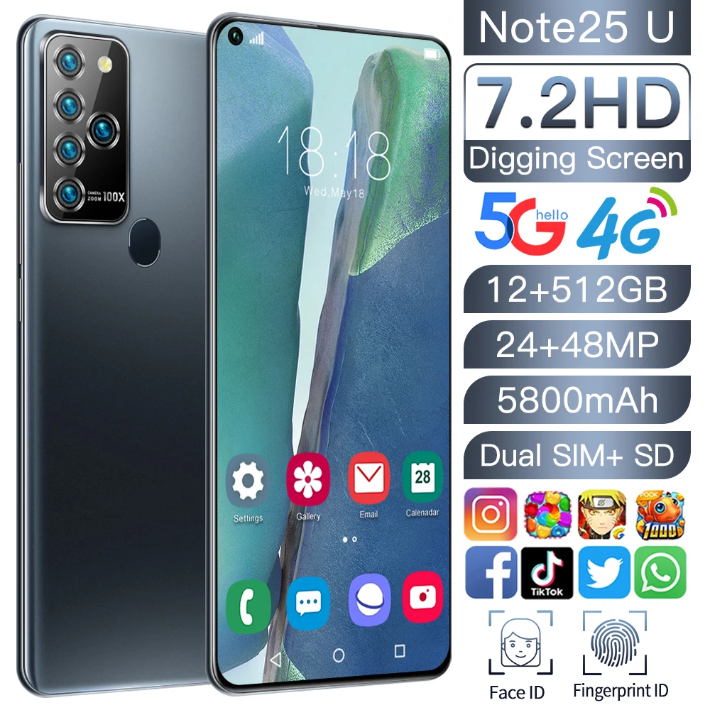Najnowszy Note25U 7.2 cal HD pełny wyświetlacz smartfony z systemem Android 12GB + 512GB 5G niech MTK6889 10-Core dużej pojemności telefon komórkowy